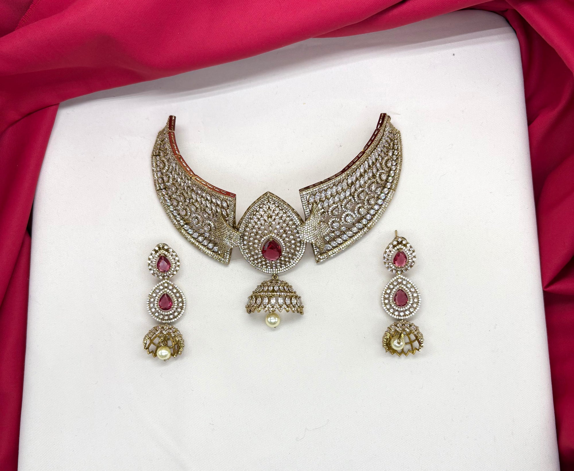 Victorian finishing American Diamonds with Red stones Choker