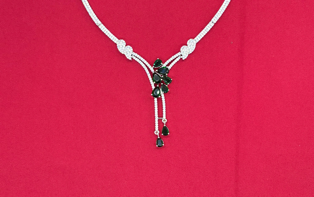Silver American Diamonds stones deep Green teardrop and floral-shaped stones Short Necklace