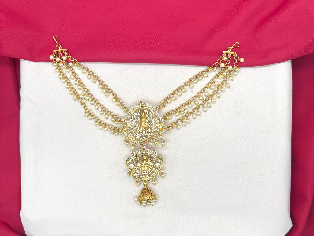 Matte finishing peacock design with multi-stones and white pearls Jadai Billai