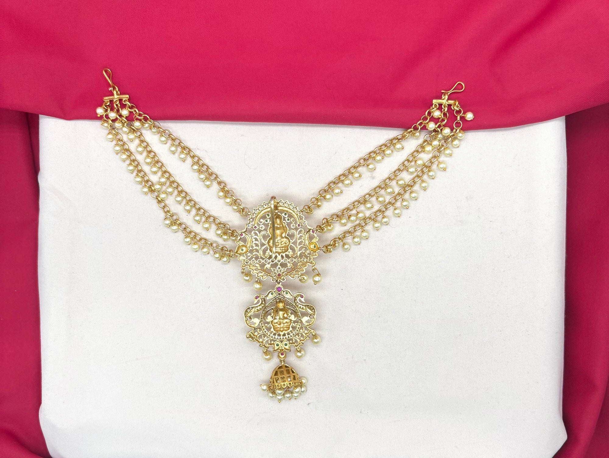 Matte finishing peacock design with multi-stones and white pearls Jadai Billai