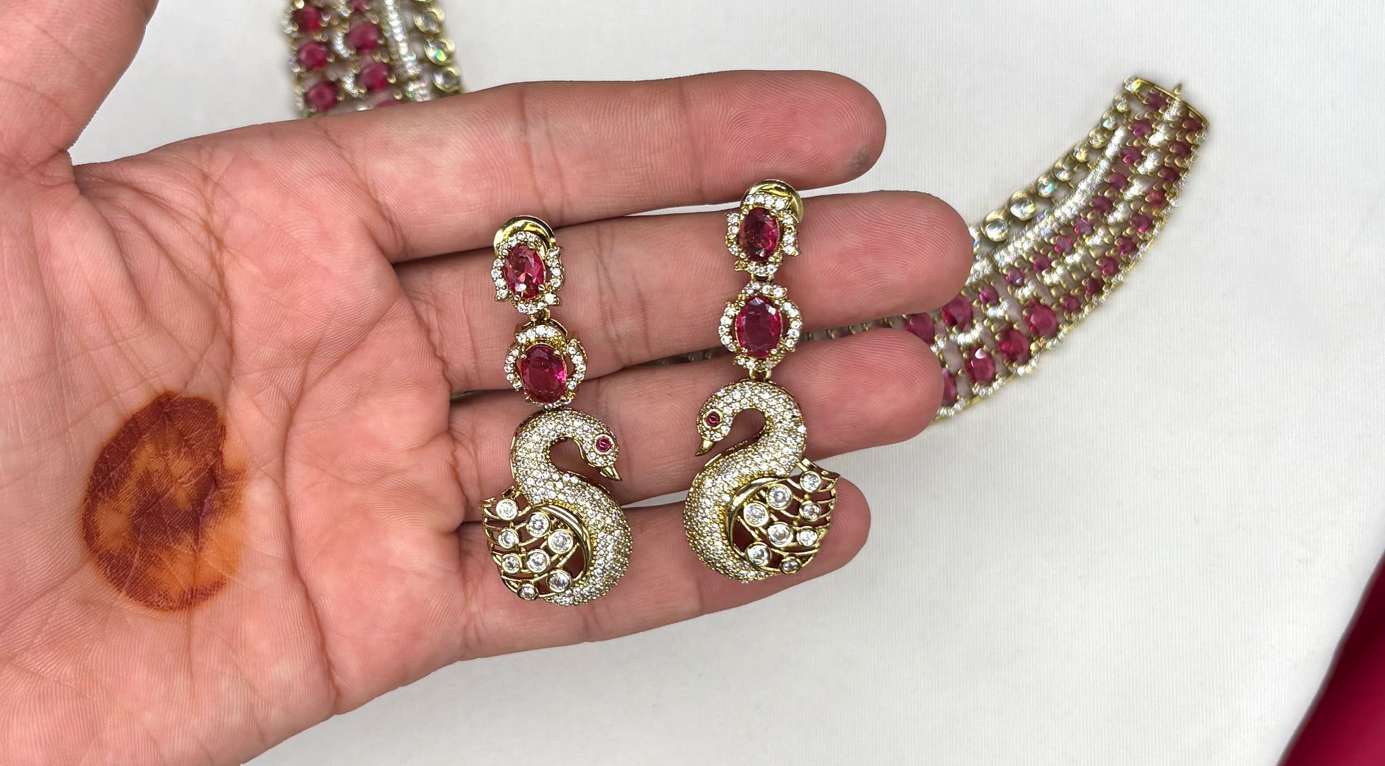 Premium Victorian finishing peacock design American diamonds With Red stones Necklace