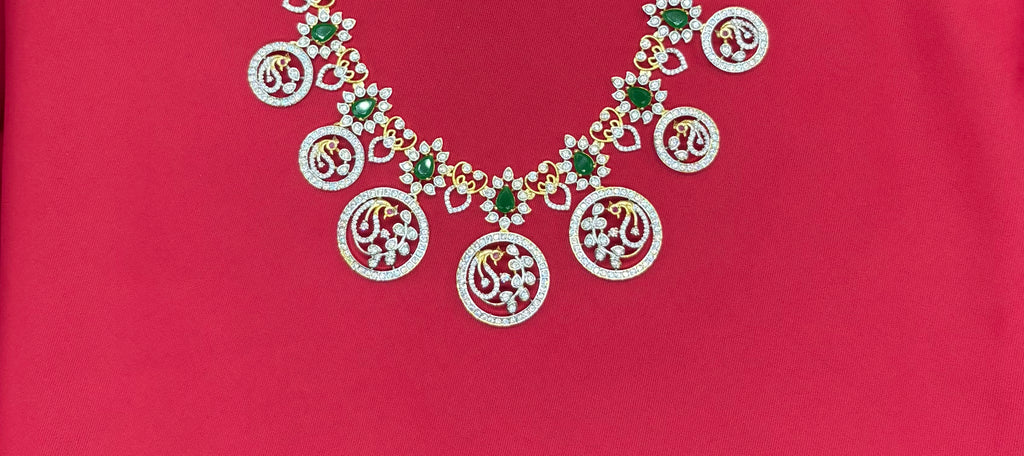 Premium GJ Polishing Butto mala Peacock design with Green stones Short Necklace