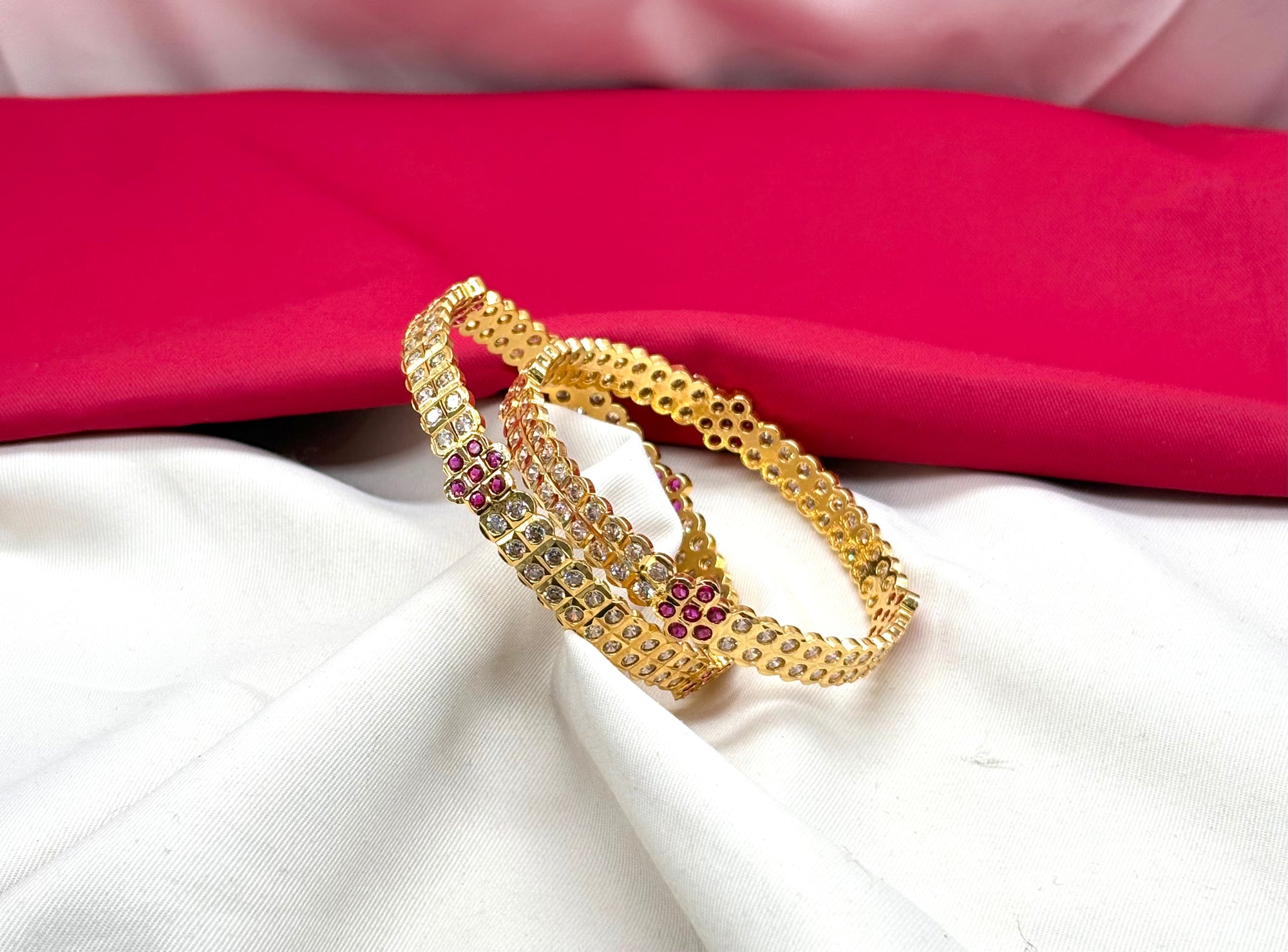 Pure panchaloham with Red stones flower design with American Diamond Bangles