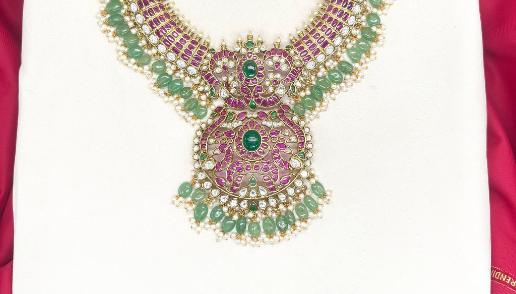 Premium Jadau Kundan Peacock Floral design with Mintgreen Beads Short Necklace