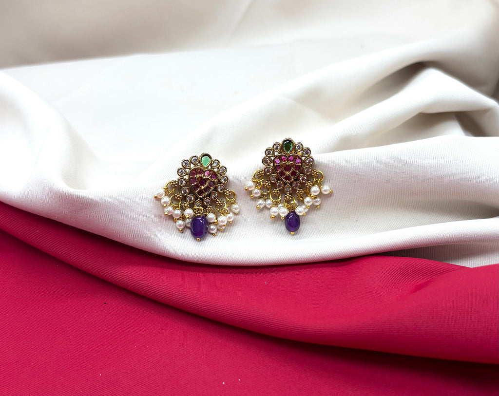 Kempu jadau Hearted design dangling Purple stone drop Earring