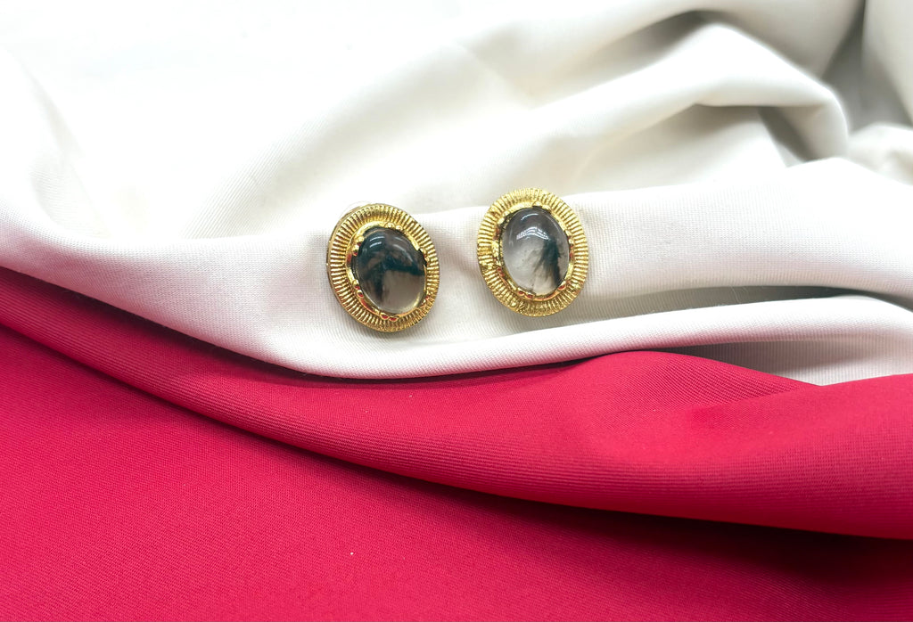 Vintage Grey trapiche  Moissanite Stone carved gold-tone clip-on earring