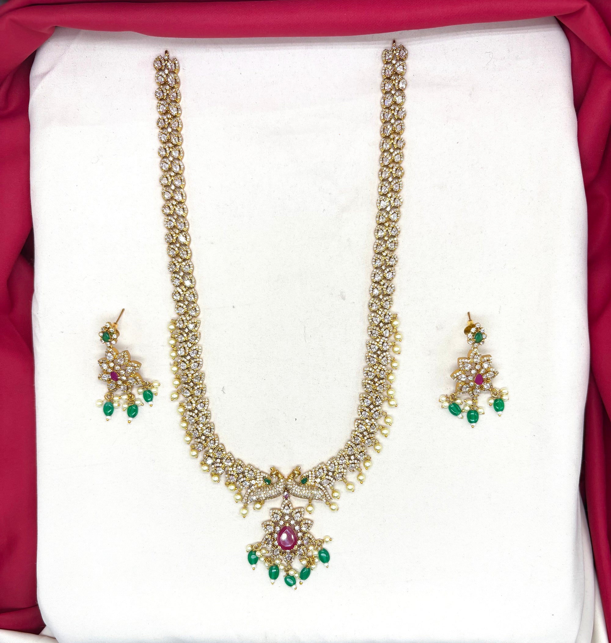 Matte finishing American Diamonds peacock design Long Haram Necklace