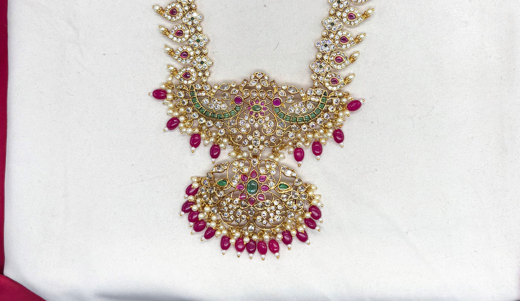 Premium Jadau Kundan Mango Design with Red Beads Long Haram Necklace