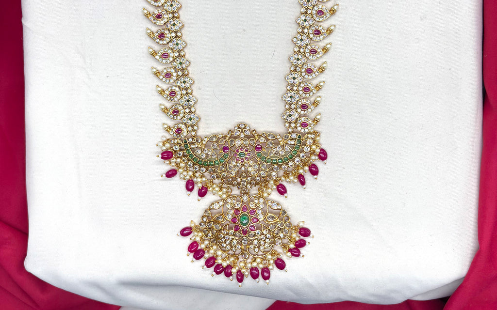Premium Jadau Kundan Mango Design with Red Beads Long Haram Necklace