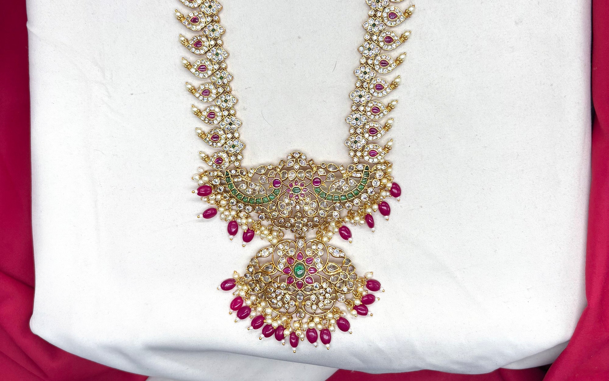 Premium Jadau Kundan Mango Design with Red Beads Long Haram Necklace