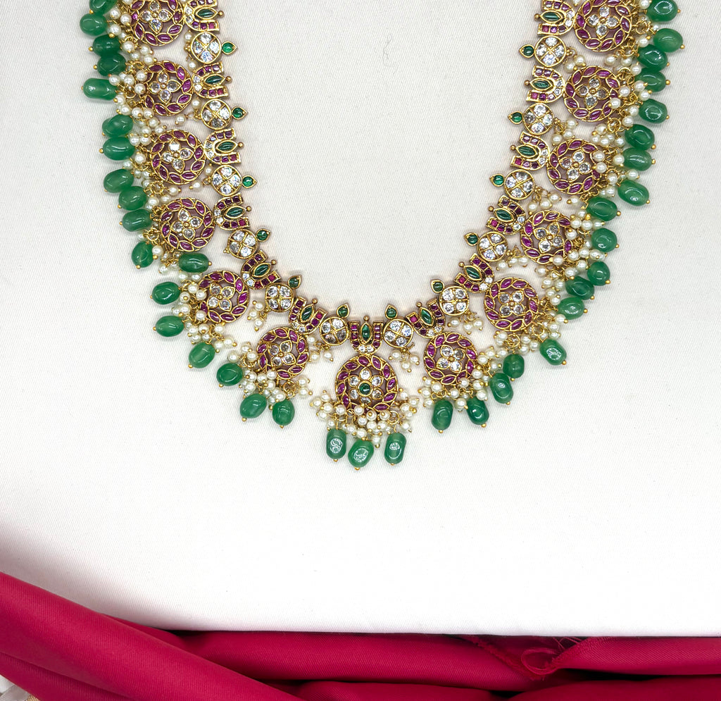 Jadau Kundan Green stones with  white pearls Long Necklace