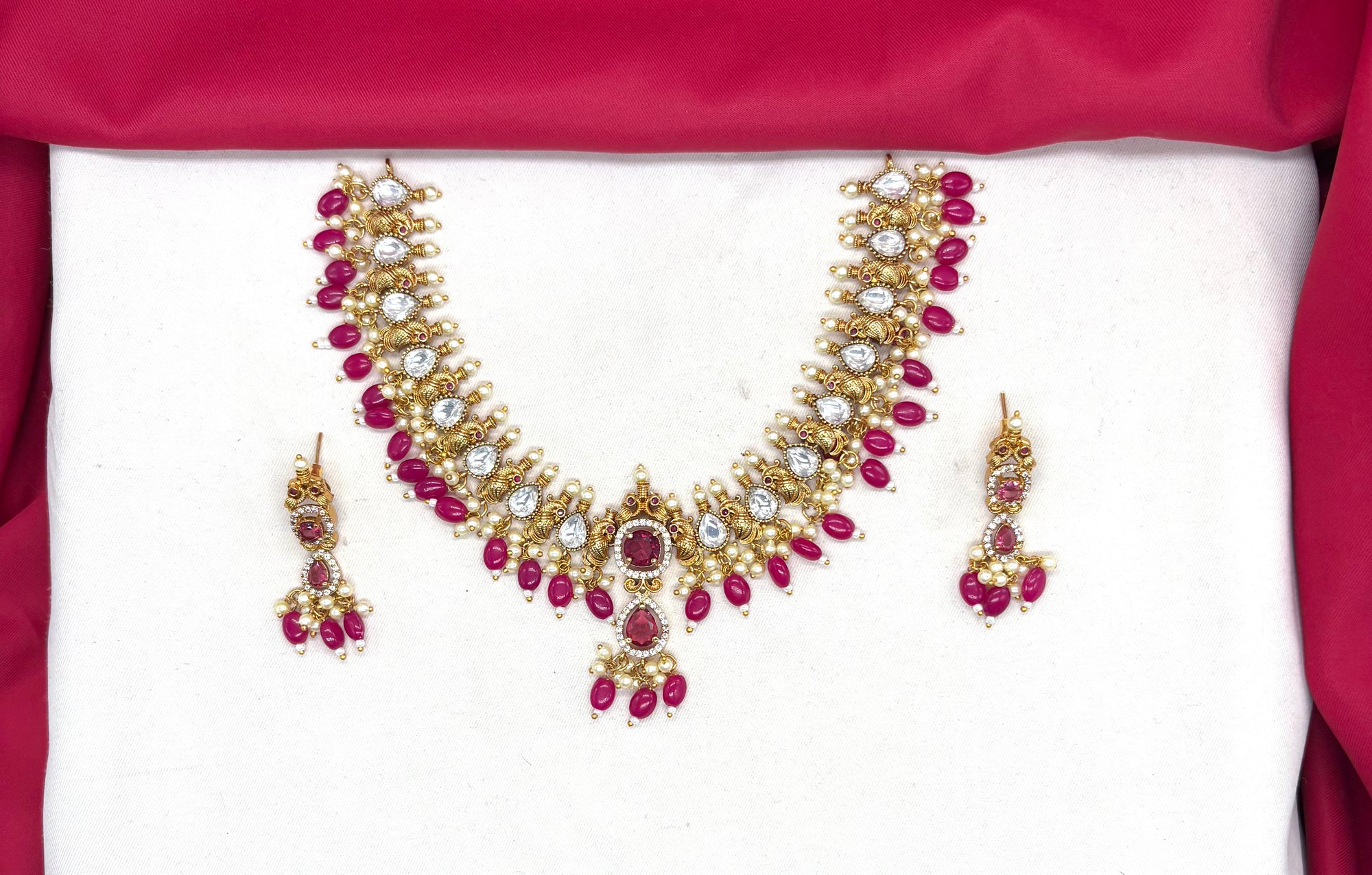 Polki Kundan Pink stone With Pearls drop Short Necklace