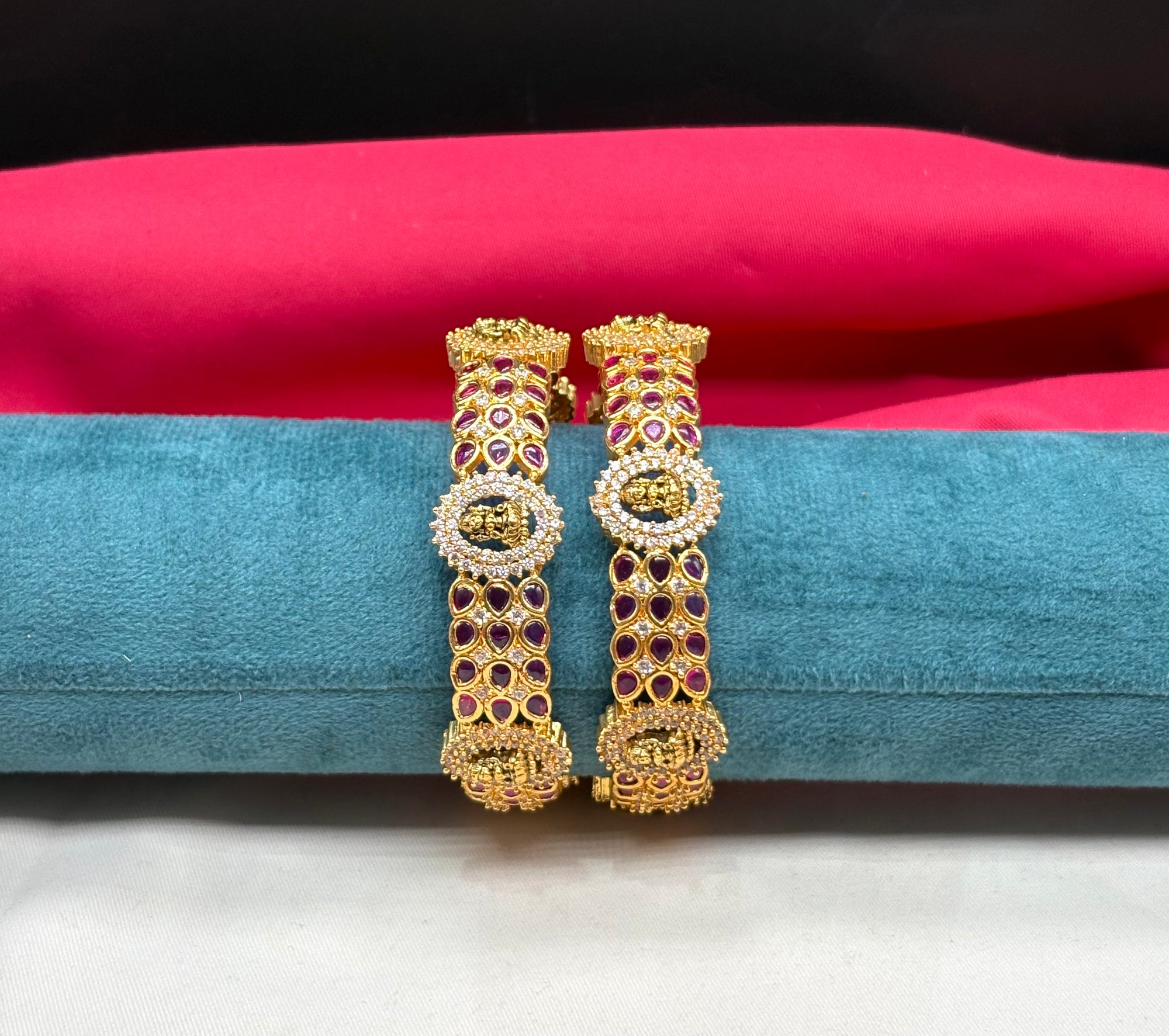 Matte polish Jadau stones with lord Lakshmi uncuts diamonds Bangles