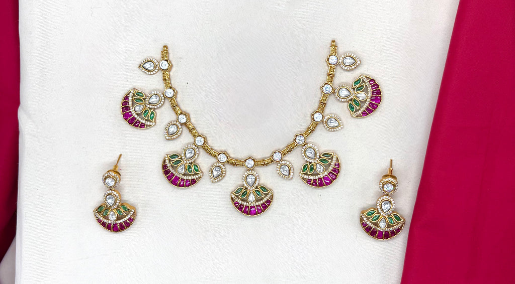 NIRVI polki Pink&Green Hasli short Necklace