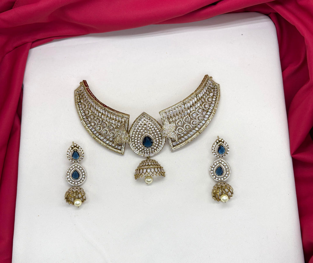 Victorian finishing American Diamonds with Blue stones Choker