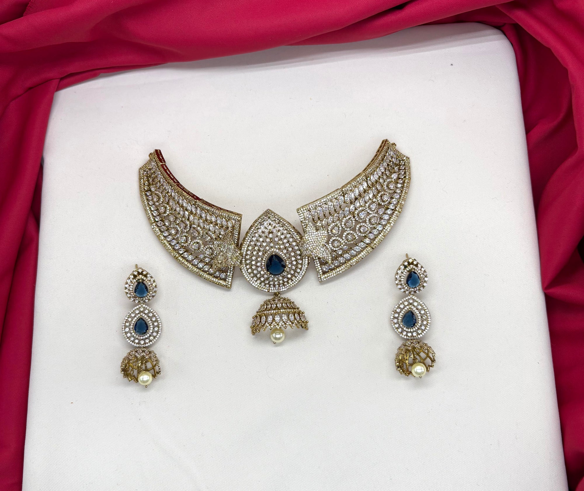 Victorian finishing American Diamonds with Blue stones Choker