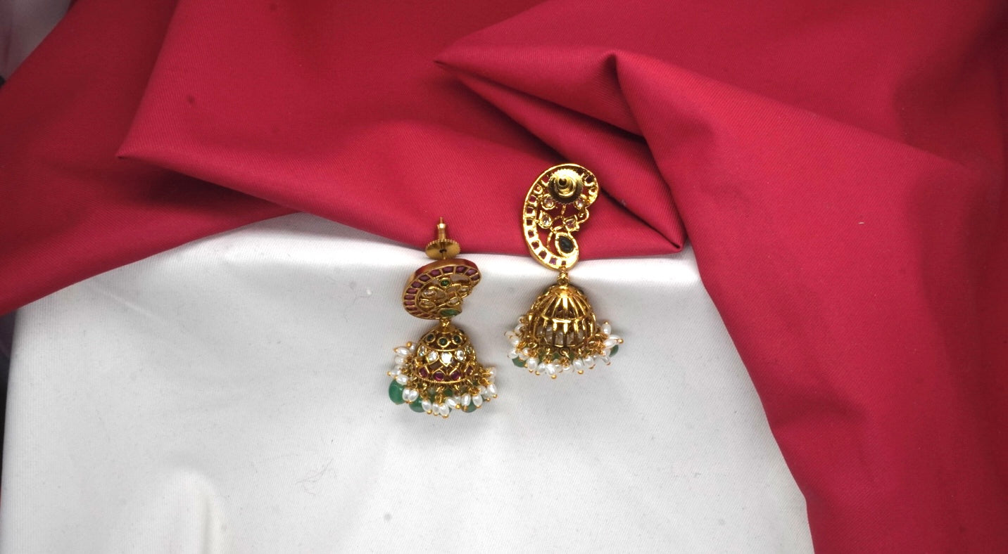 Jadau Kundan with Green Beads Jhumkas Earring