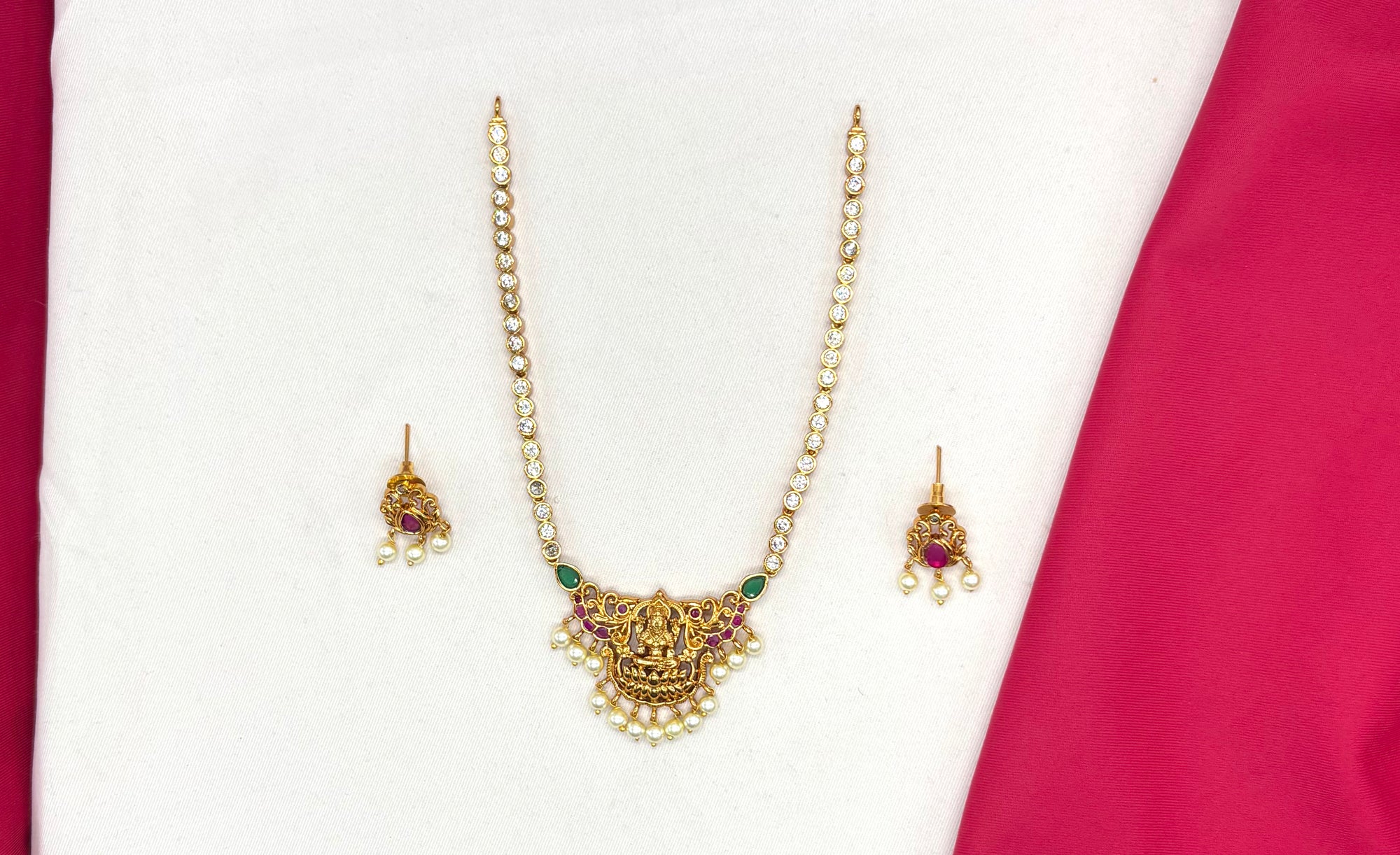 Matte finishing lord Lakshmi with Green two stones & Ad stones Short Necklace