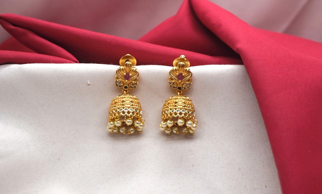 Matte finishing with small multi stones leaf design Jhumkas Earring