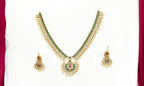 Matte finishing Green stones and  white stones with White Pearls short Necklace
