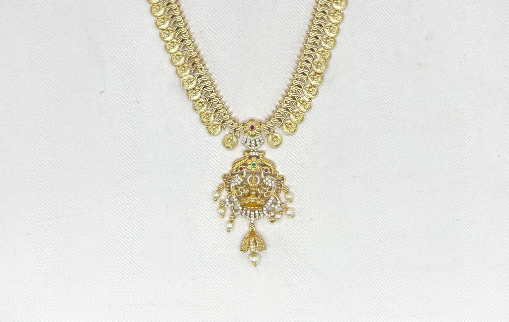 Matte finishing coin Lord Lakshmi with white pearls Long Haram