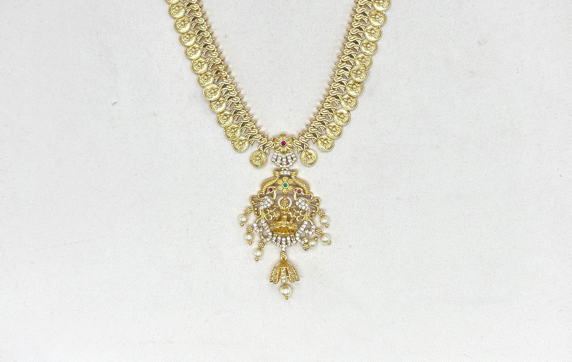 Matte finishing coin Lord Lakshmi with white pearls Long Haram