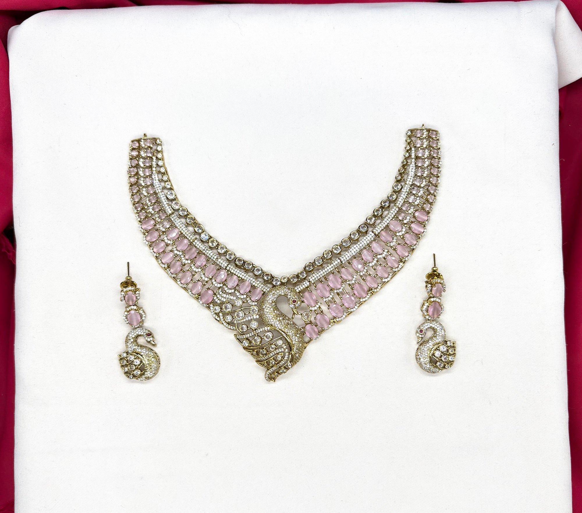 Premium Victorian finishing peacock design American diamonds With Baby-pink stones Necklace