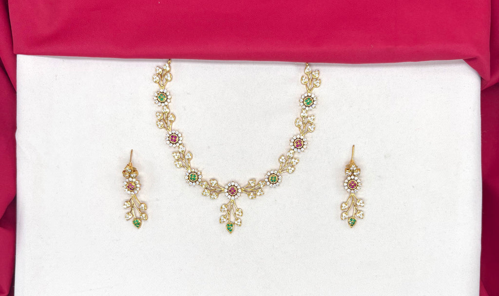 Matte finishing flower design with multi stones and short Necklace