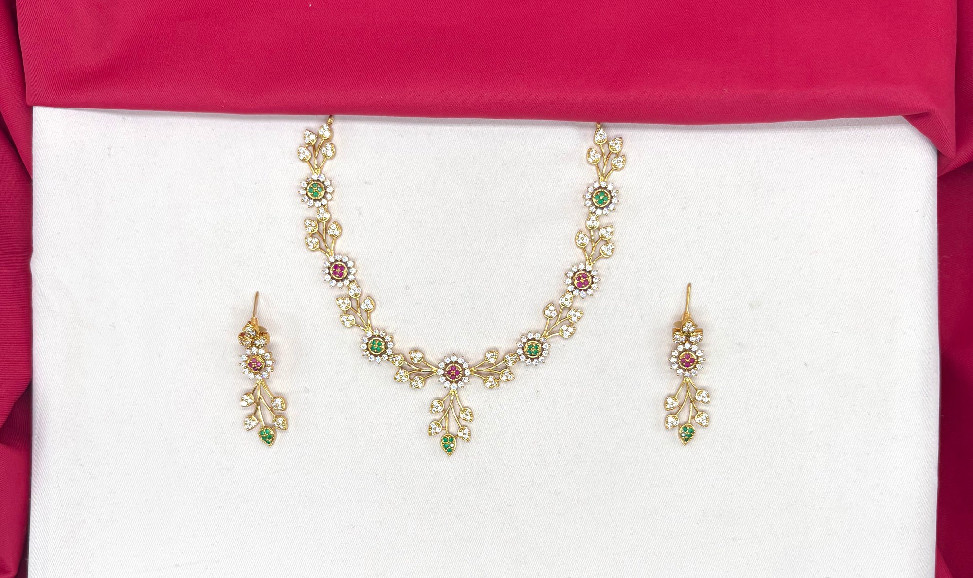Matte finishing flower design with multi stones and short Necklace