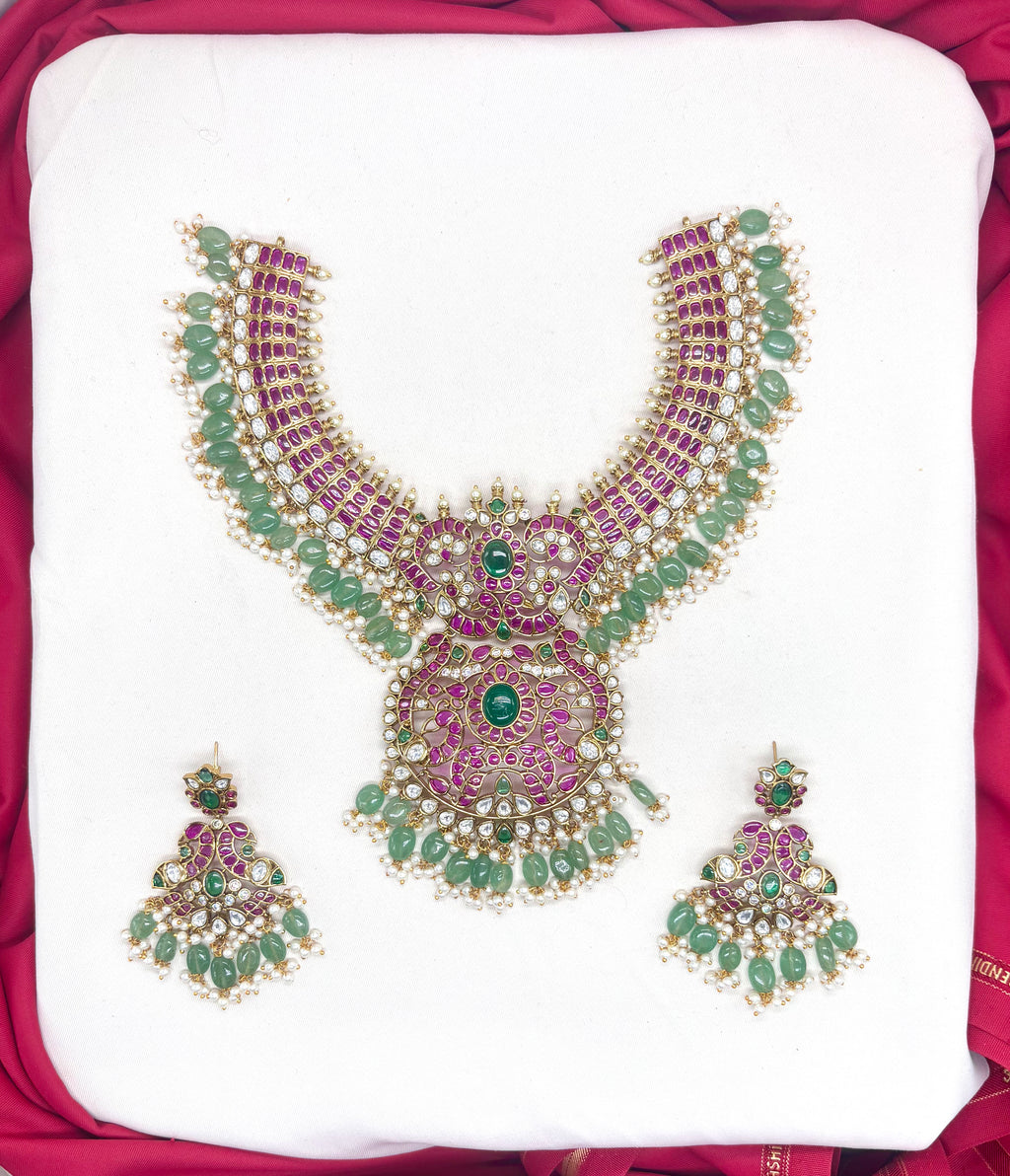 Premium Jadau Kundan Peacock Floral design with Mintgreen Beads Short Necklace