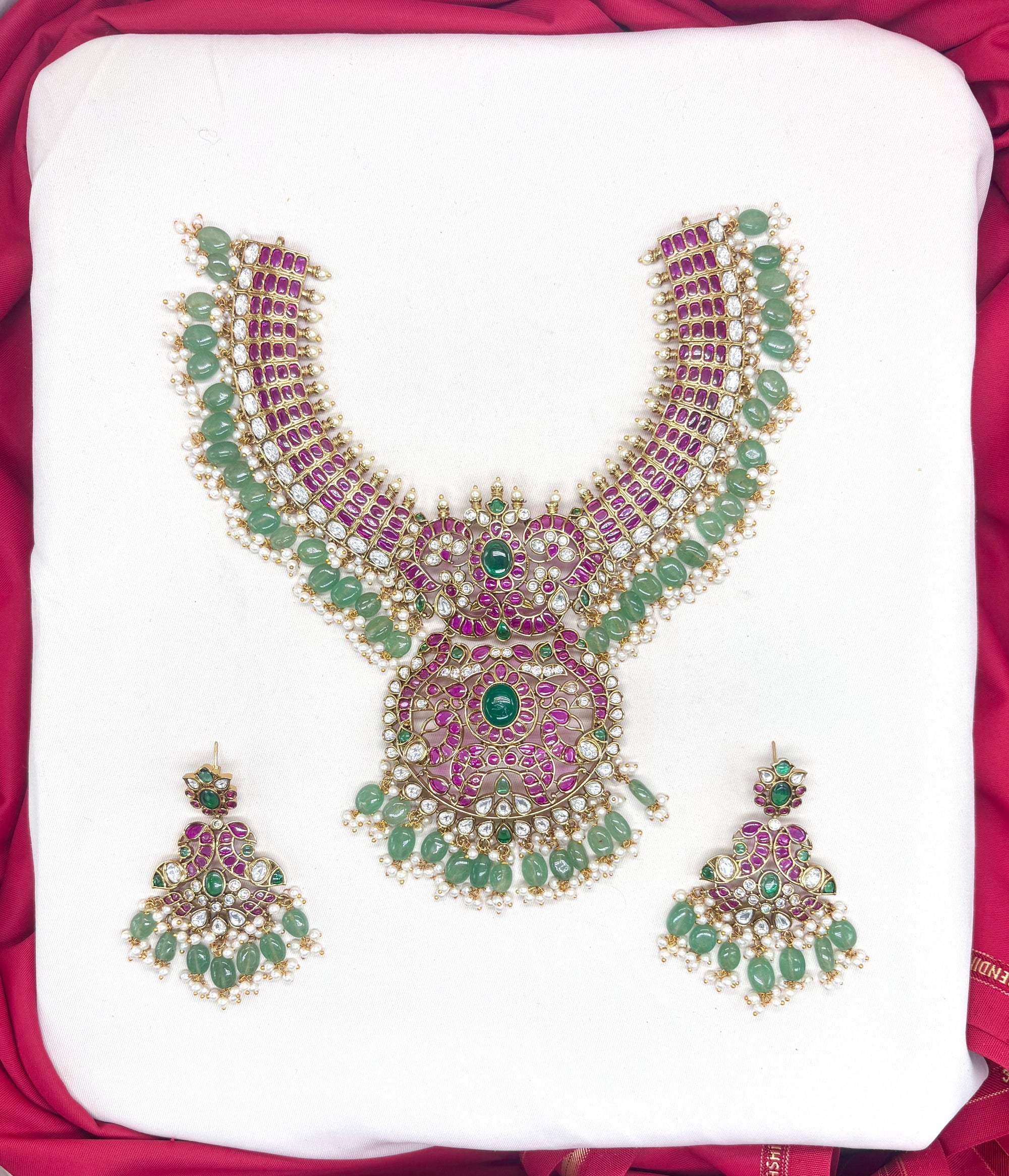 Premium Jadau Kundan Peacock Floral design with Mintgreen Beads Short Necklace