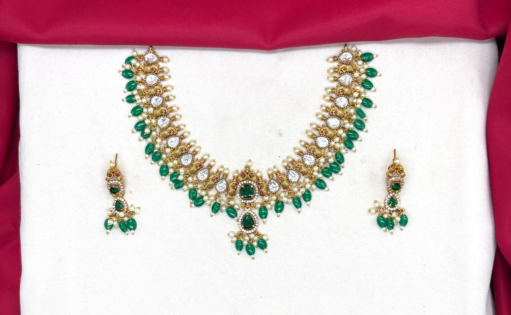 Polki Kundan Green Beads With Pearls drop Short Necklace