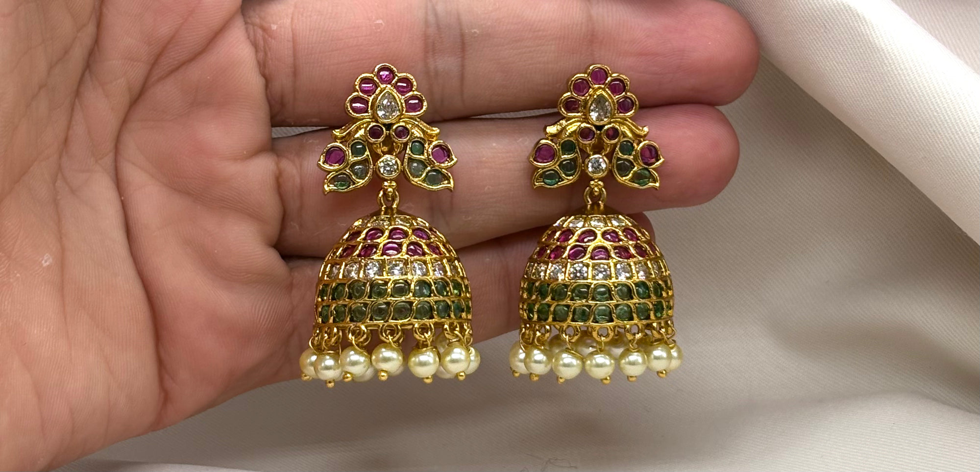 Kemp jhumka ruby, green, and white stones with pearl drops earrings