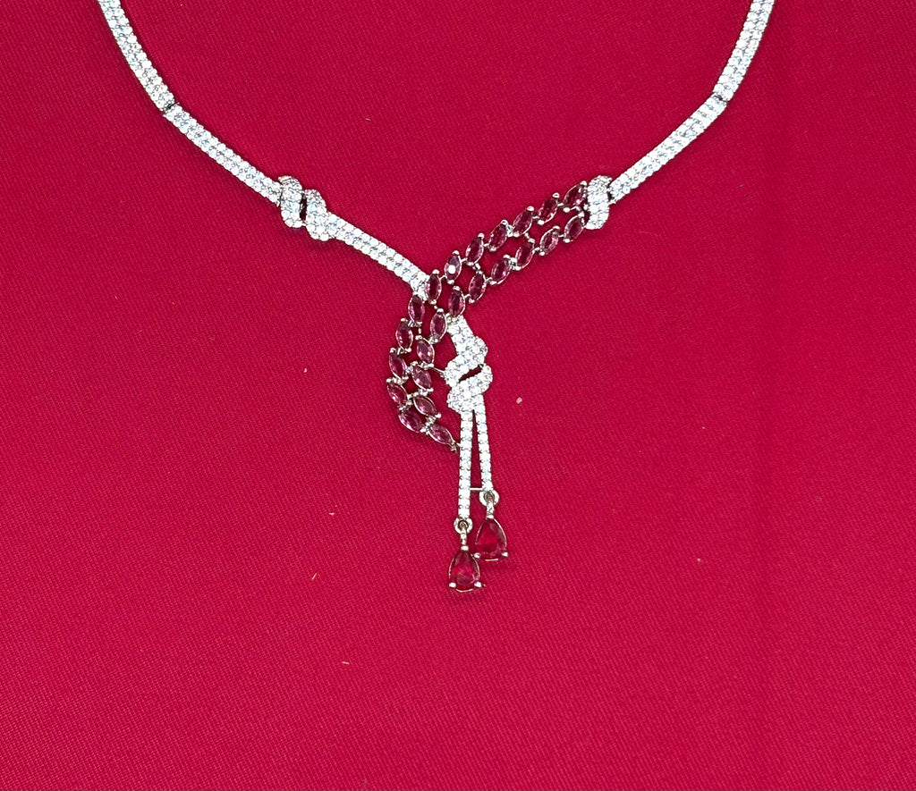 Silver American Diamonds Red stones Short Necklace