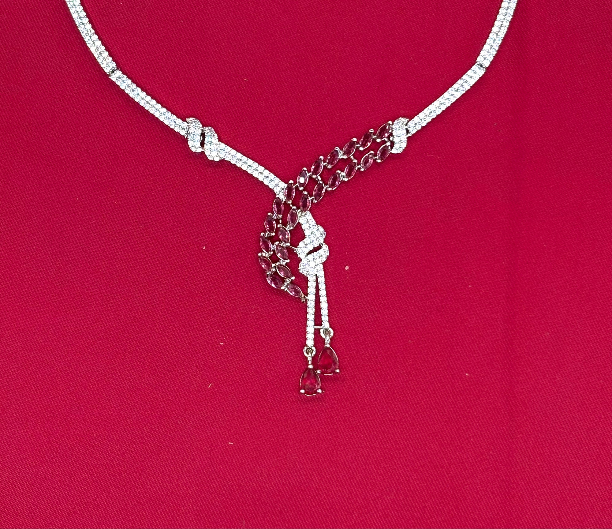 Silver American Diamonds Red stones Short Necklace