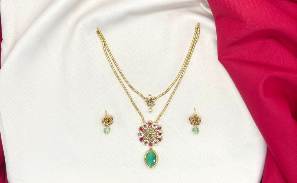 Matte finishing Flower design with Mint-Green Short Necklace
