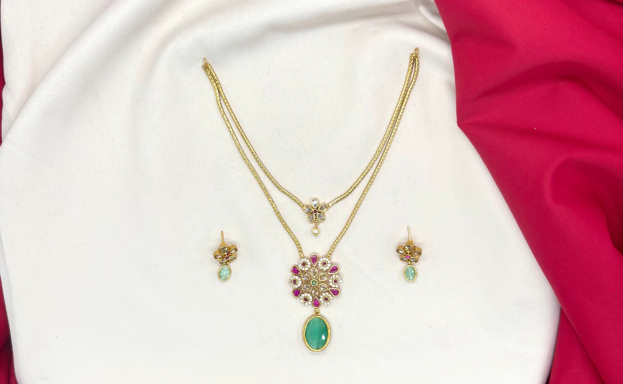 Matte finishing Flower design with Mint-Green Short Necklace