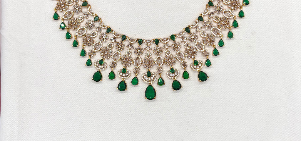 Premium matte finish American Diamonds flower design with Green Stones Short Necklace