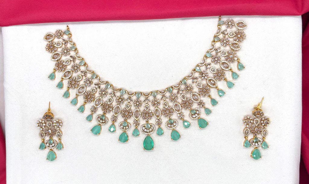 Premium matte finish American Diamonds flower design with Mint-Green Stones Short Necklace