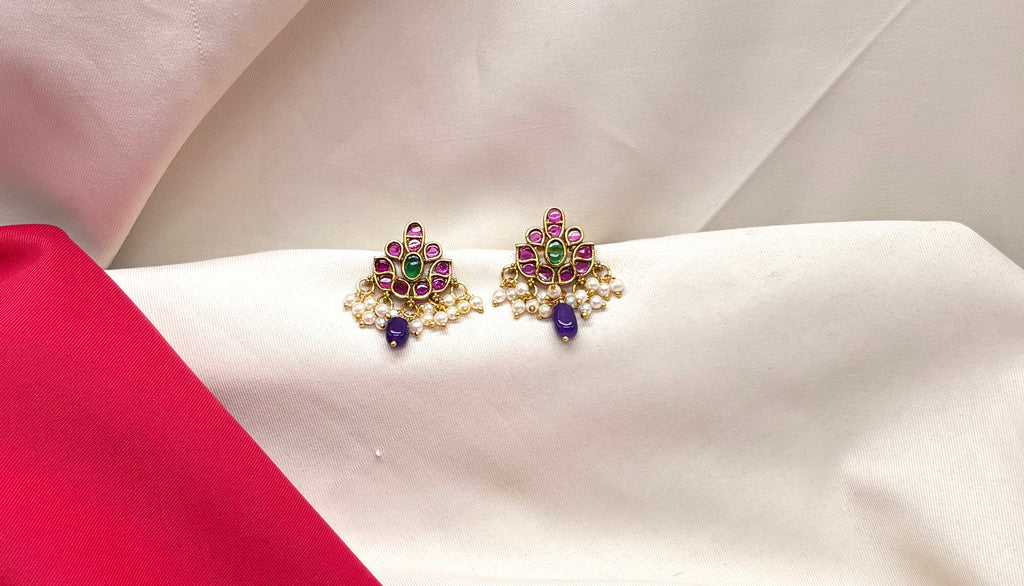 kempu lotus design with Purple Bead Earrings