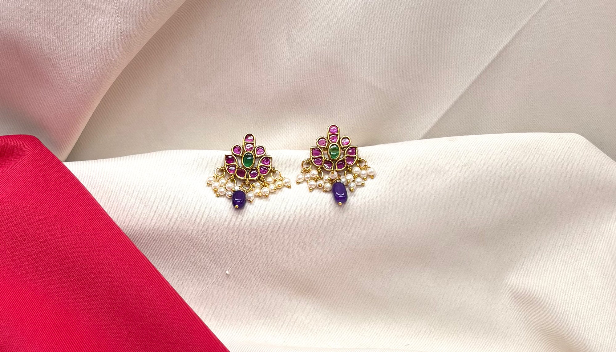kempu lotus design with Purple Bead Earrings