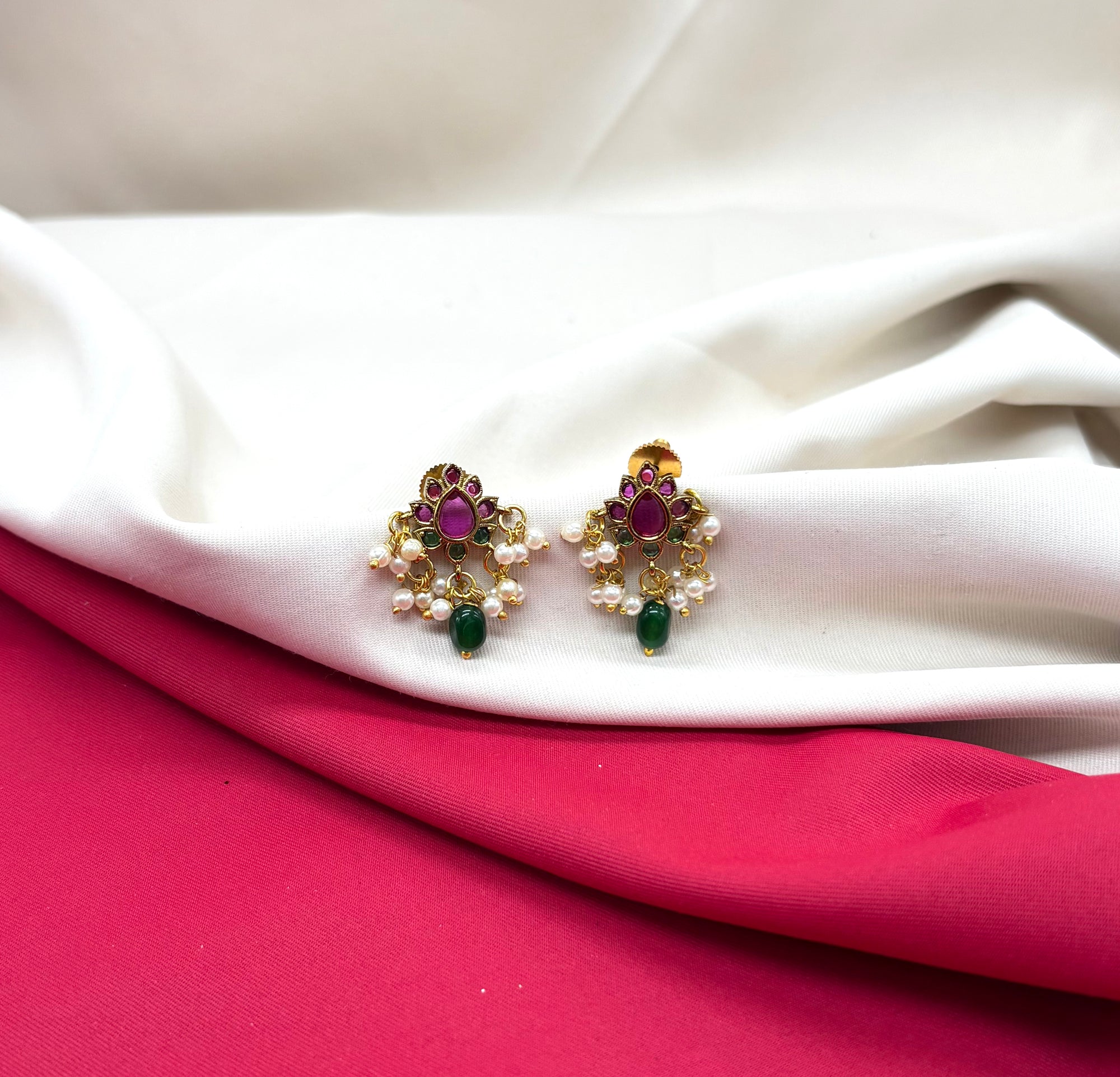Kempu jadau Gorgeous Lotus Loreal design dangling Green stone drop Earring