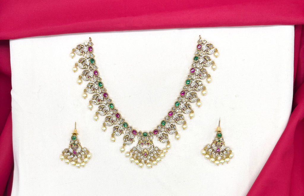 Victorian finishing peacock design with multi-stones Short Necklace