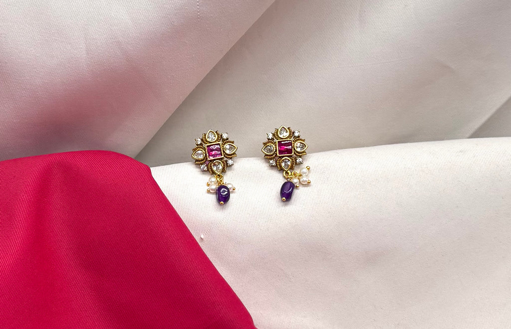 Jadau Kundan with white pearls and Purple drop Earring
