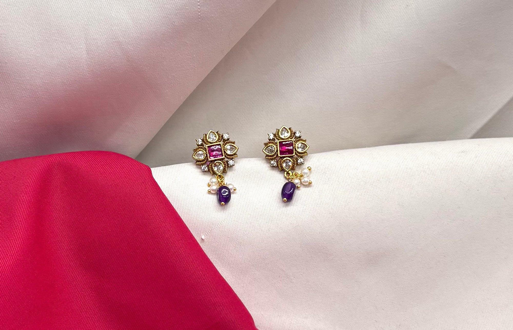 Jadau Kundan with white pearls and Purple drop Earring