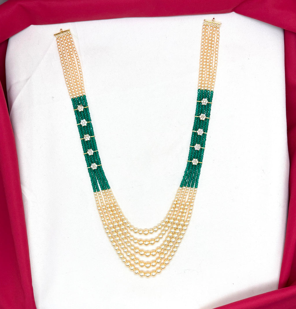 Premium Cubic Zirconia Green beads and pearls AD with flowers design small locket Mala for Unisex