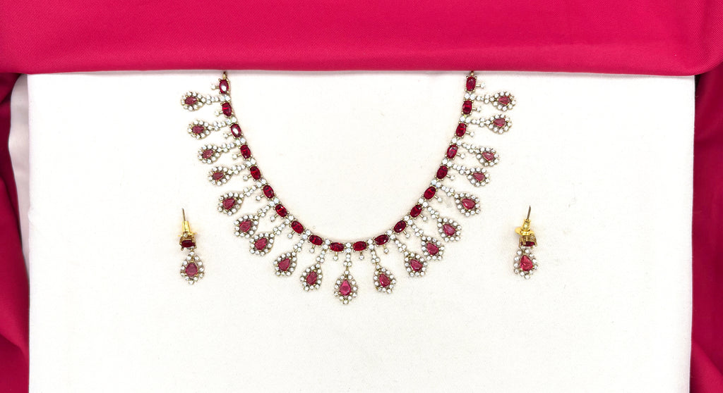 Victorian finishing American Diamond and Red stones Short Necklace