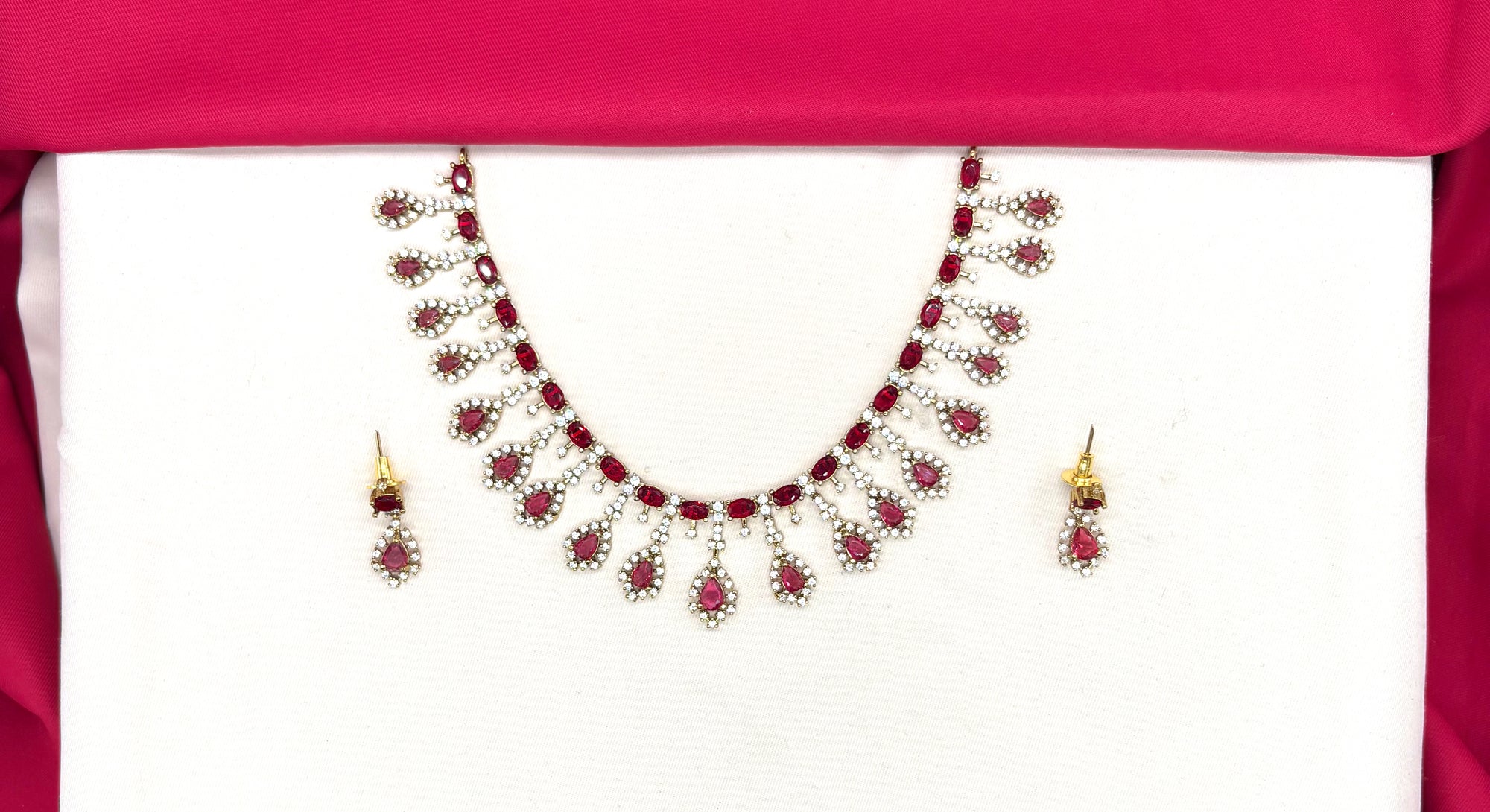 Victorian finishing American Diamond and Red stones Short Necklace