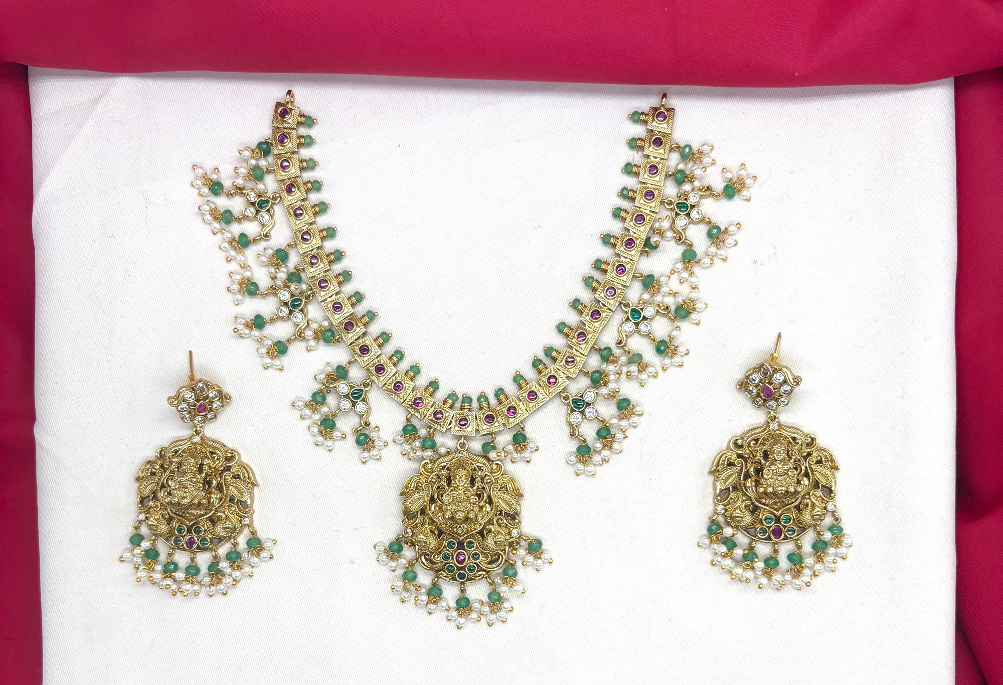 Jadau Kundan Beautifully designed with White pearls Lord Lakshmi pendant Short Necklace