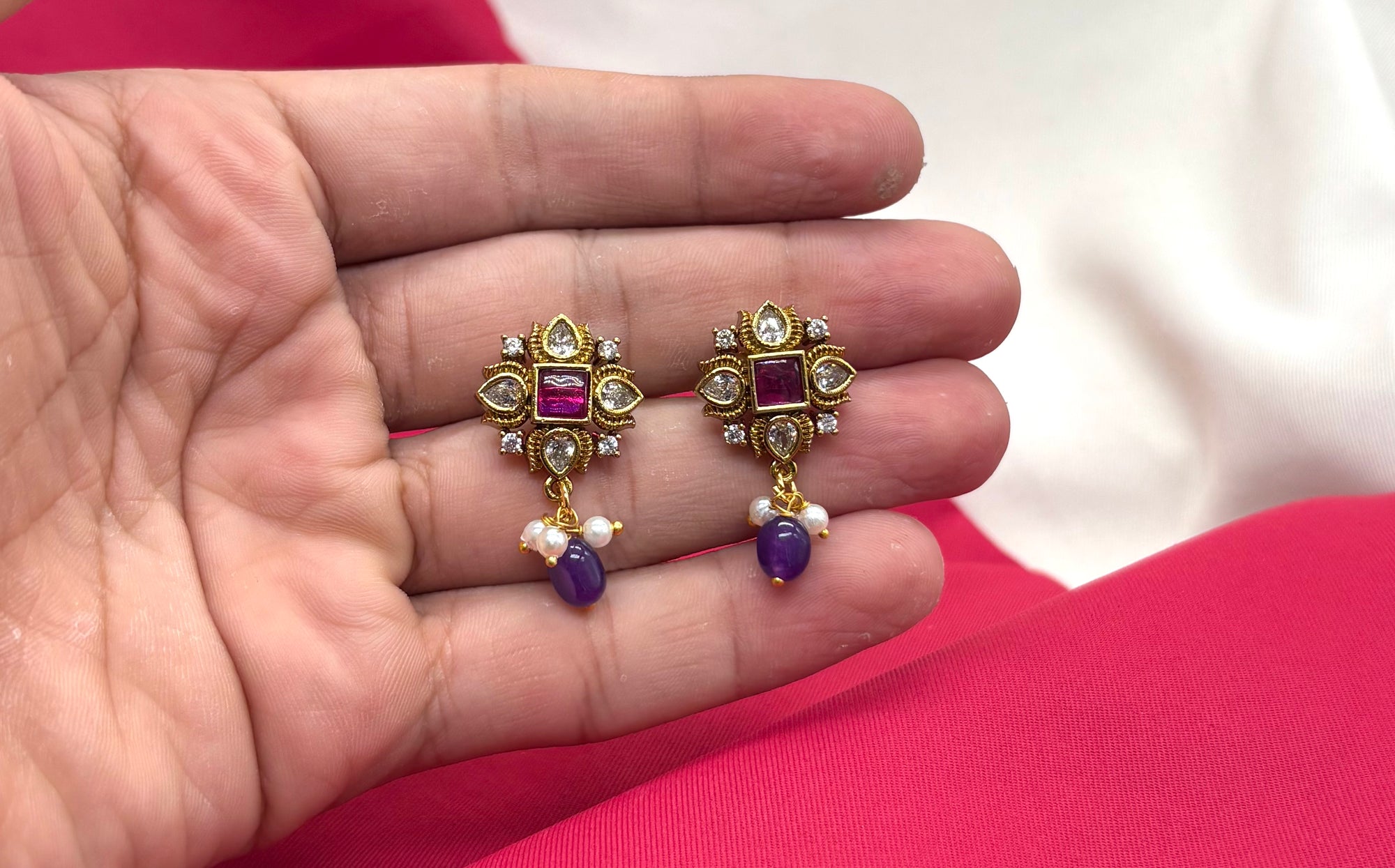 Jadau Kundan with white pearls and Purple drop Earring